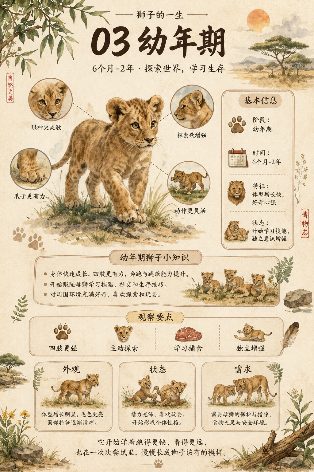 【唯一变量】 主题对象：狮子 请根据上面的“主题对象”生成一张竖版中文科普图鉴海报。后文中凡是提到“该对象”“它”“这种生物”“该动物”“该植物”，都统一指代…
