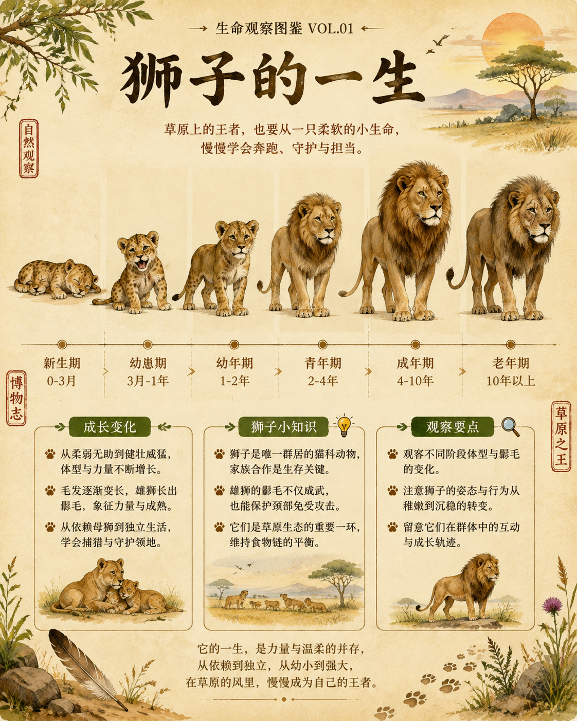 【唯一变量】 主题对象：狮子 请根据上面的“主题对象”生成一张竖版中文科普图鉴海报。后文中凡是提到“该对象”“它”“这种生物”“该动物”“该植物”，都统一指代…