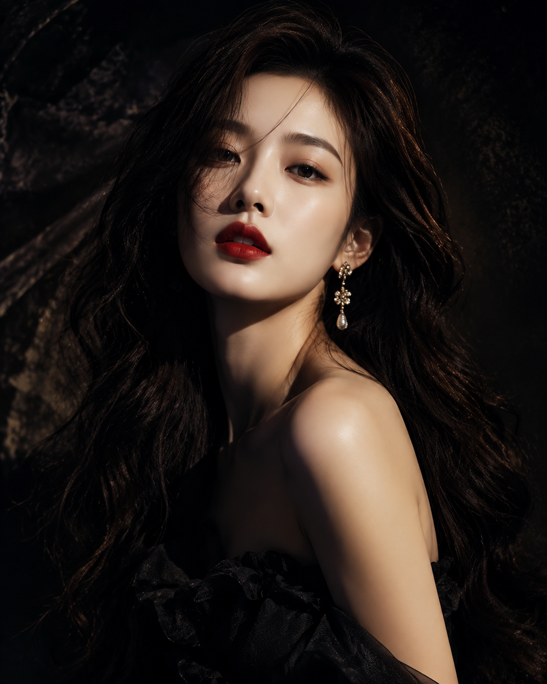 A high-end, cinematic portrait of a stunning East Asian woman with long, volumi…