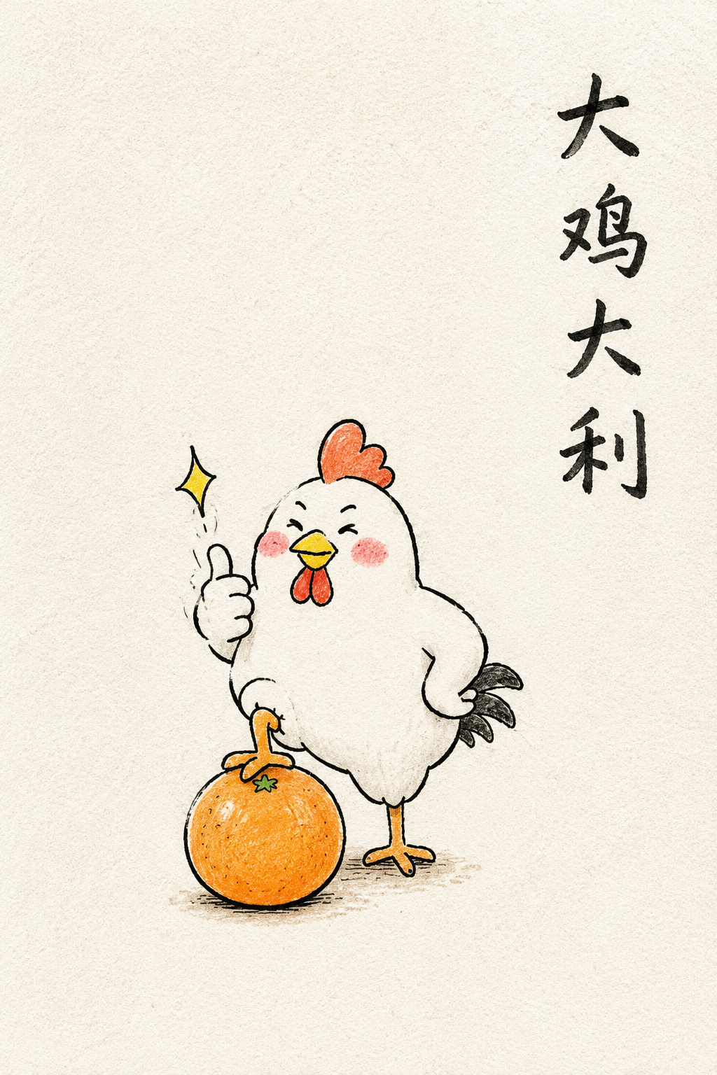竖版手绘插画，一张温暖幽默的中文谐音成语小画，主题是“【谐音成语】”。 画面主体为【大鸡大利】，正在做出与谐音含义相关的动作：【动作描述】。 整体像儿童手账里…