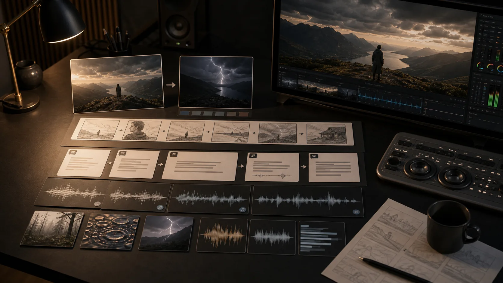 Veo talking presenter studio with microphone and synchronized audio cards