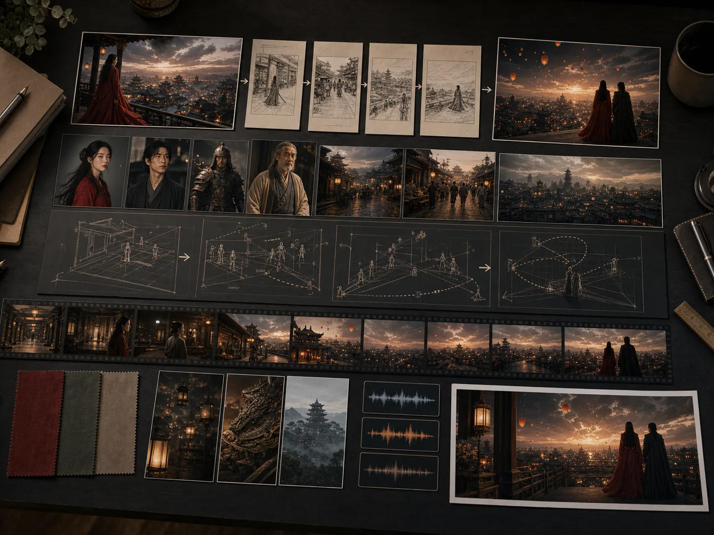 Wan complex cinematic scene planning with keyframes and spatial composition sketches