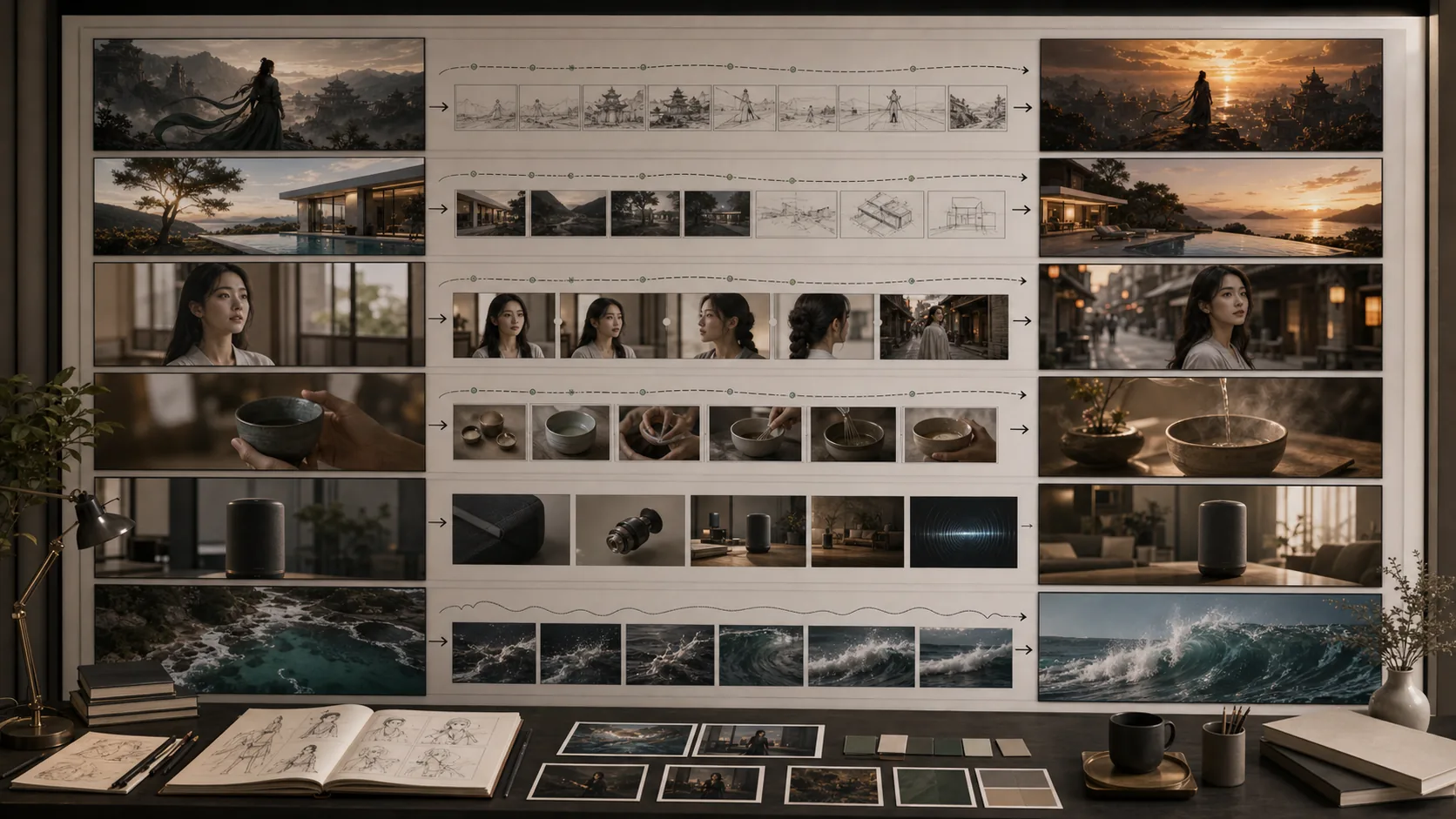 Wan gallery of keyframe transitions, complex compositions, and reference-consistent clips
