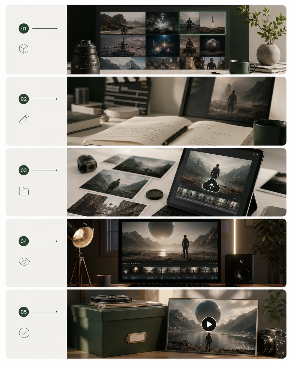 Five-step AI video creation storyboard