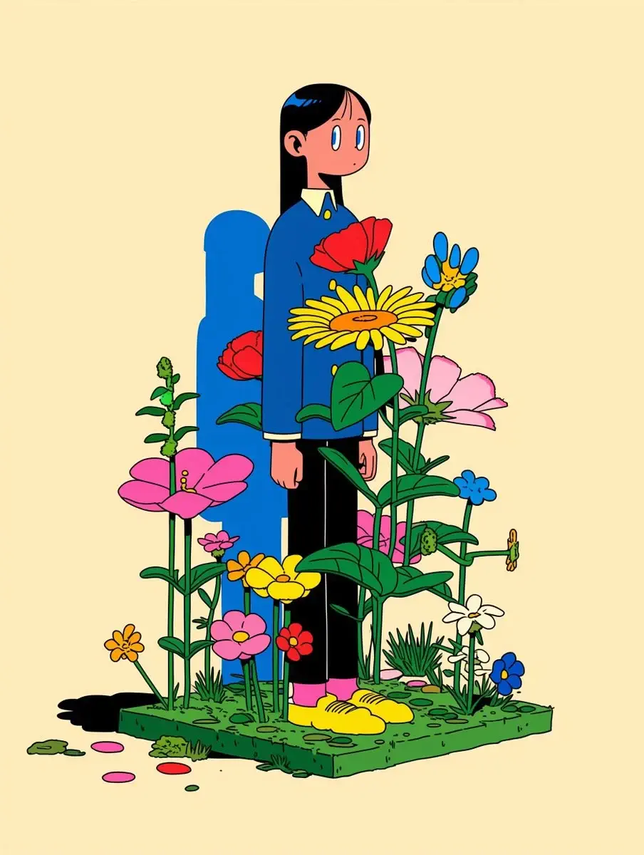 Anime-Figur umgeben von bunten Blumen, flacher kräftiger Illustrationsstil
