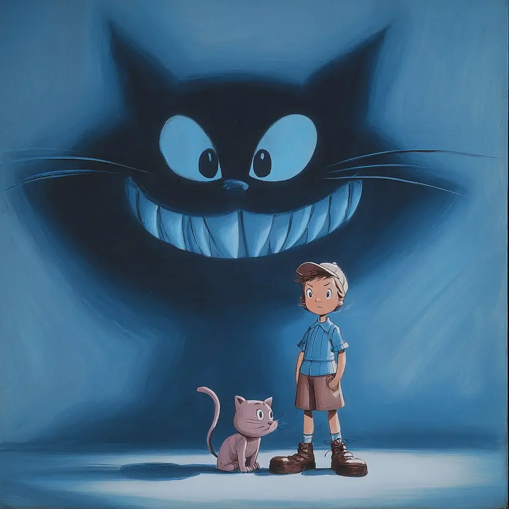 Junge und kleine Katze vor einem riesigen bedrohlichen Katzenschatten, malerisches Blau