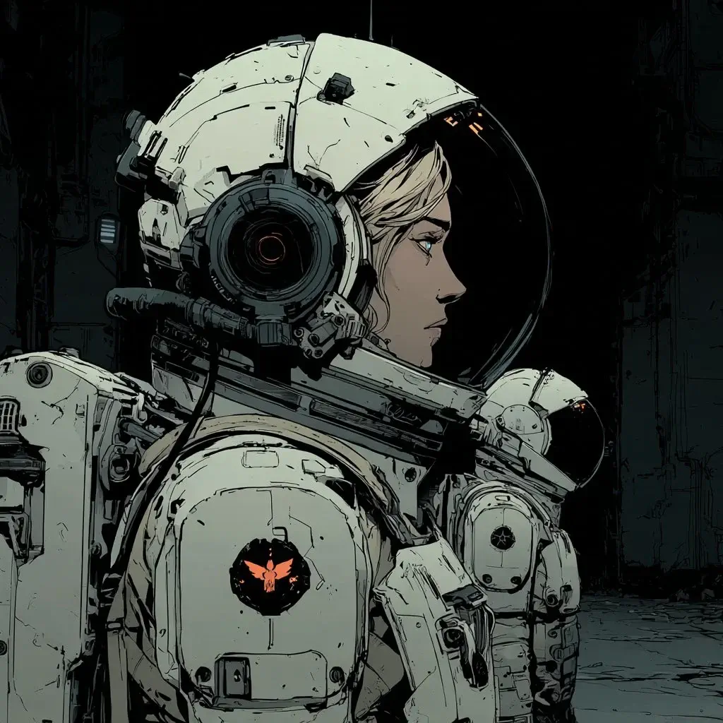 Astronautin in abgenutztem Raumanzug, dunkler filmischer Comicstil