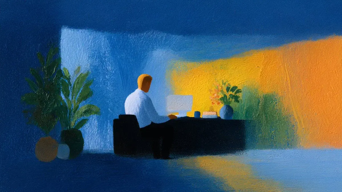 Person arbeitet an einem Laptop in expressiver Ölmalerei, Tiefblau und Bernstein