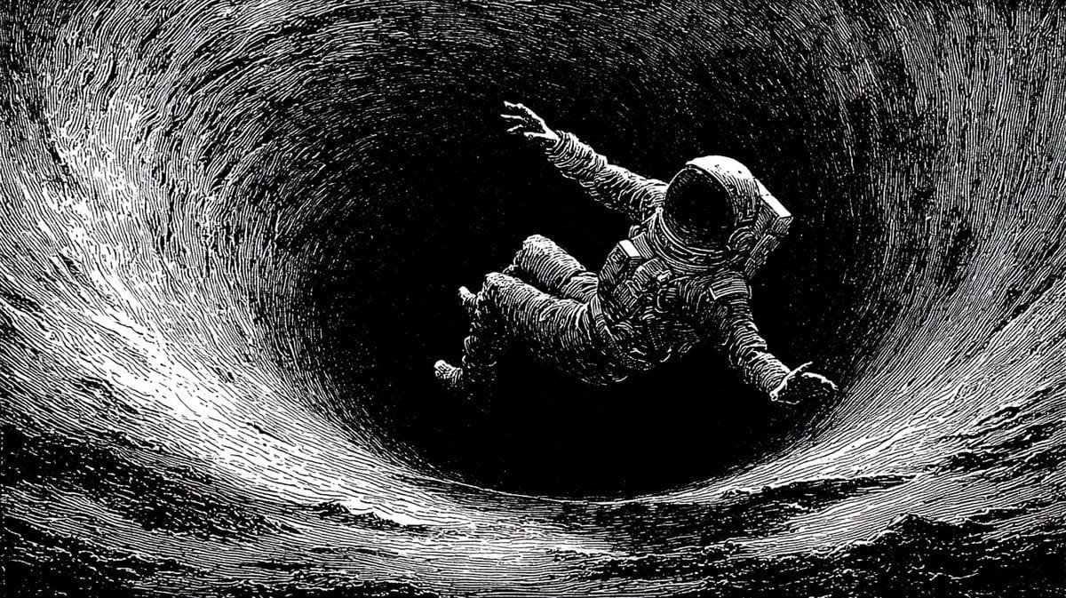 Astronaut fällt in ein schwarzes Loch, Schwarz-Weiß-Gravurstil