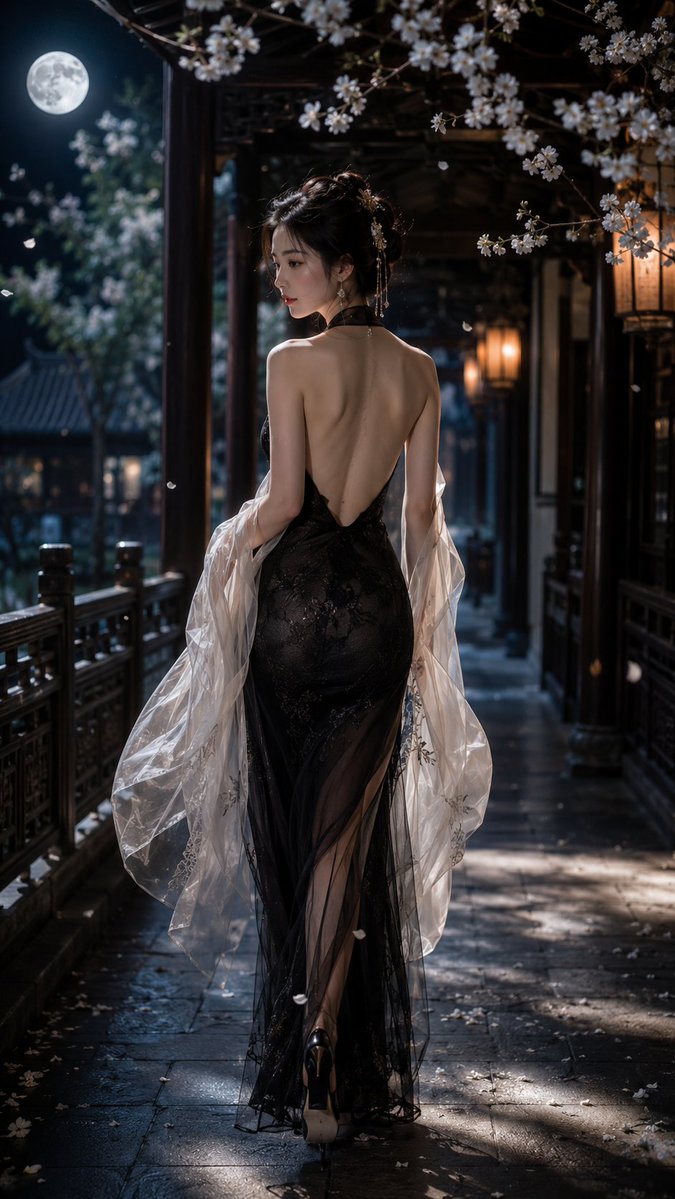 一位成年东方女性，9:16 竖版构图，写实风格，全身偏背面人像，人物行走在一条古典中式回廊之中，画面从后方略低机位...