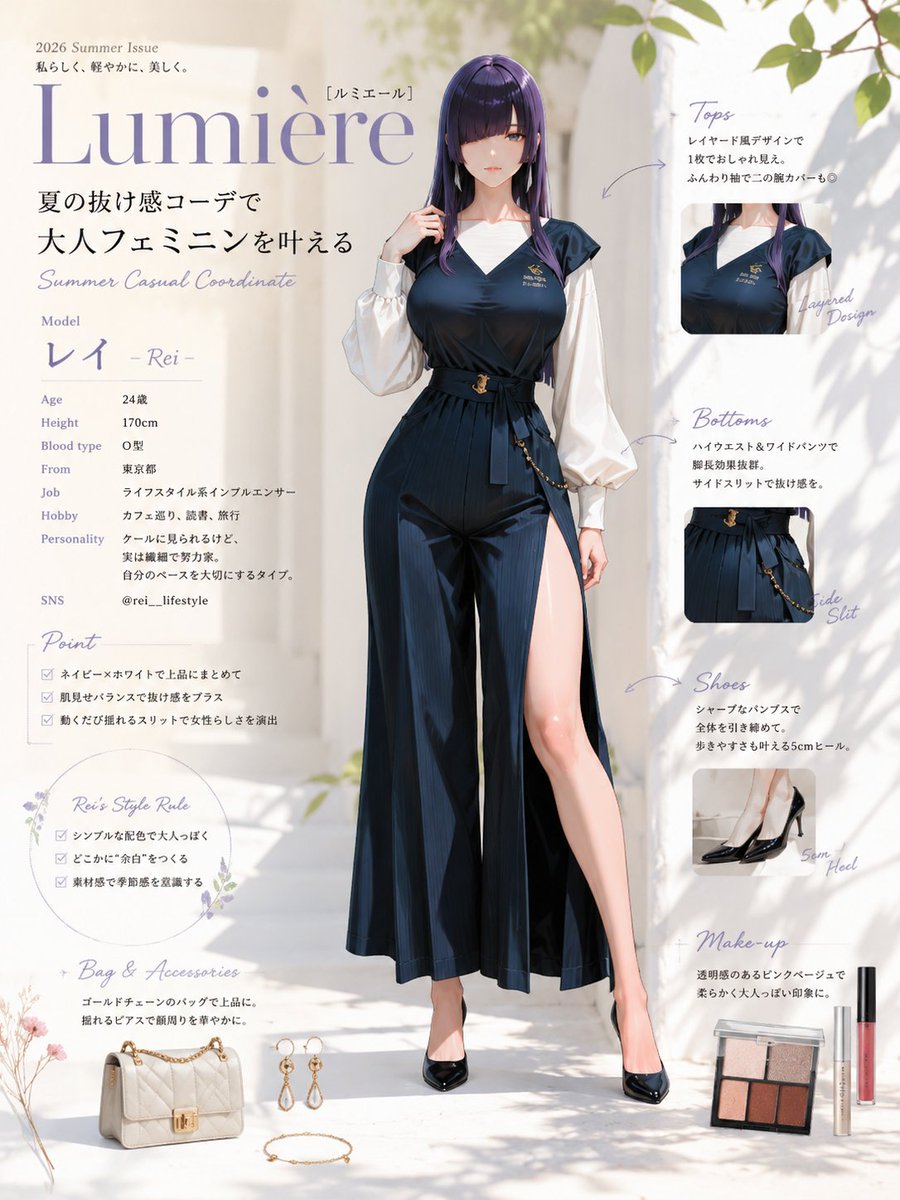 A stylish young woman with sleek, dark violet hair stands...