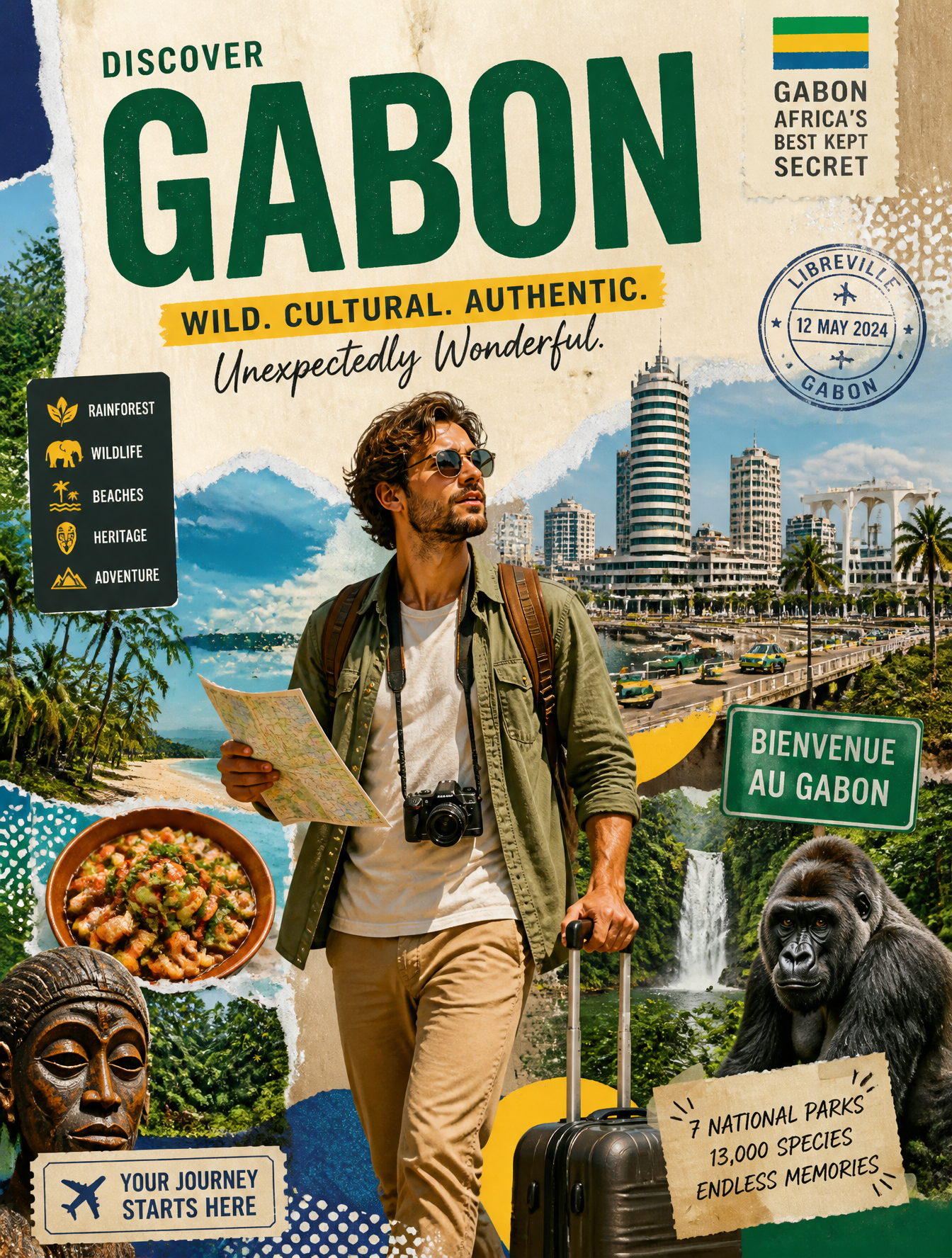 Create a stylized travel poster for [Gabon].The main subj...