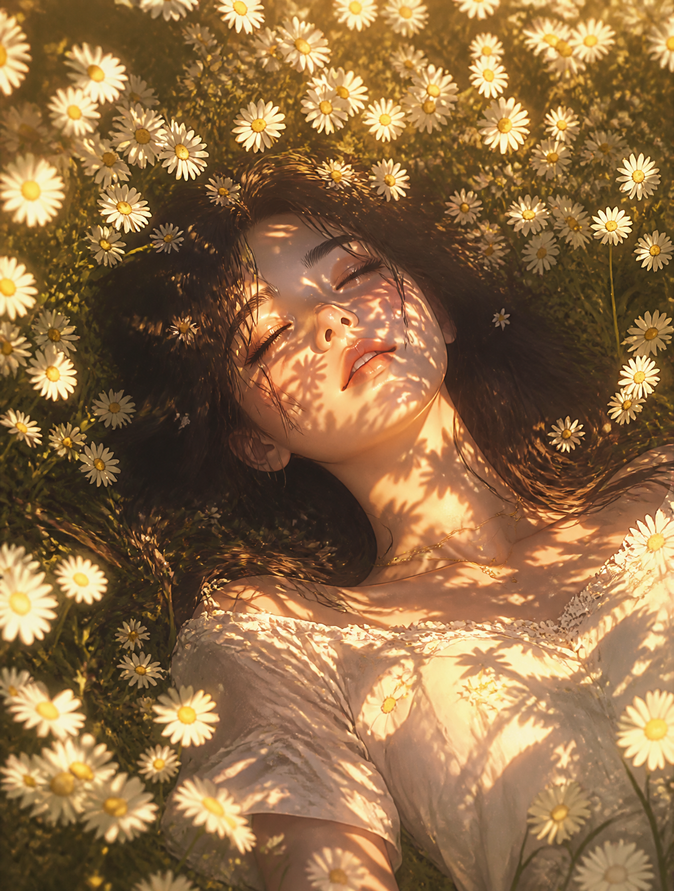 A young woman lying in a vast field of white daisies, sun...