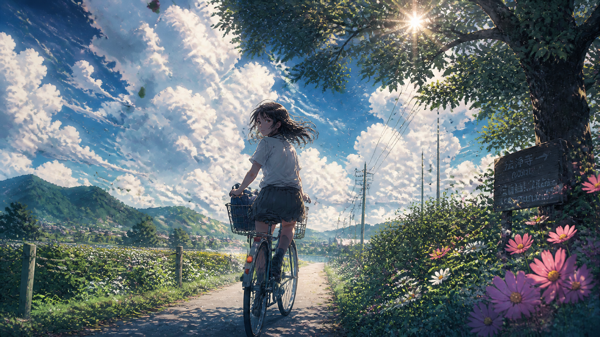 A teenage girl riding an old bicycle along a narrow count...