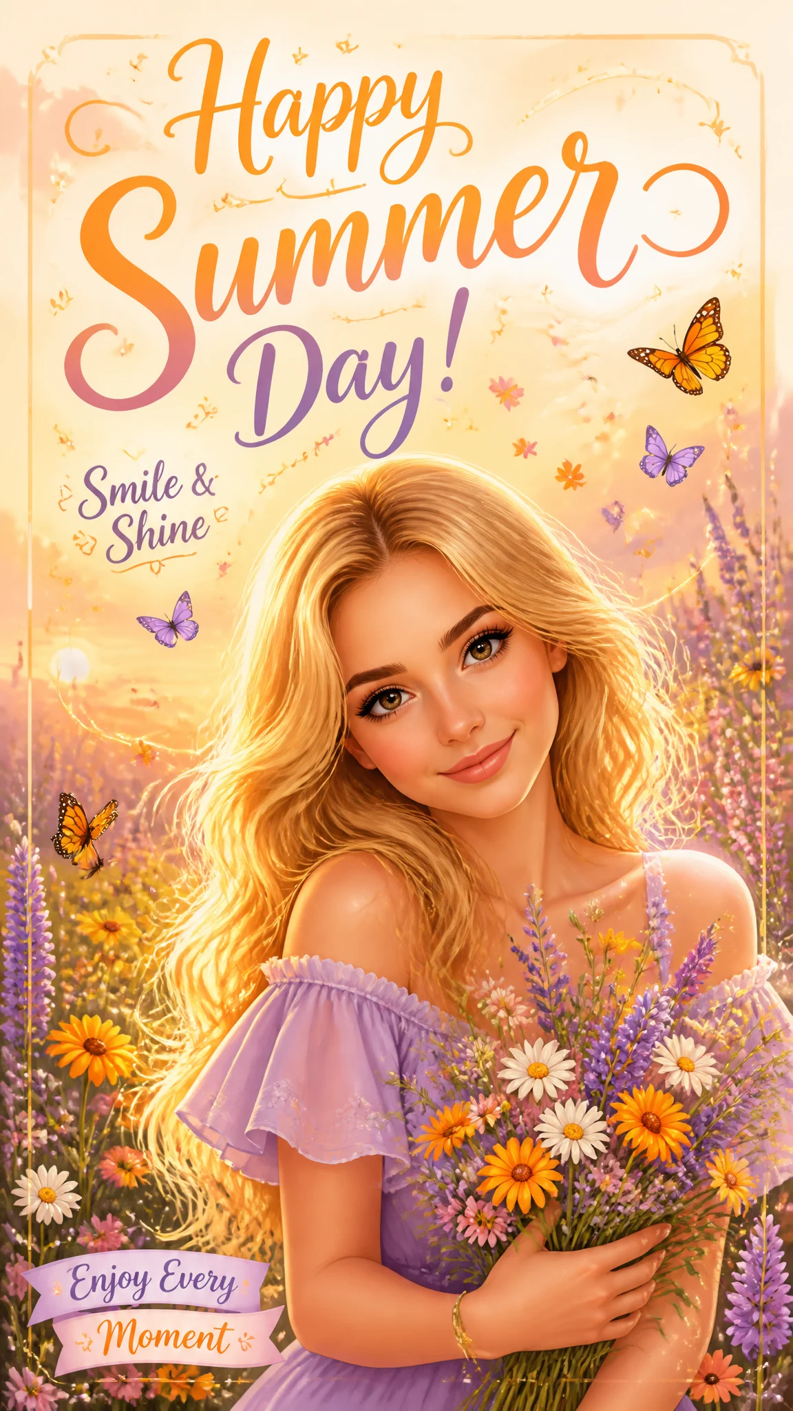 Create a cheerful summer greeting card in true vertical 9...