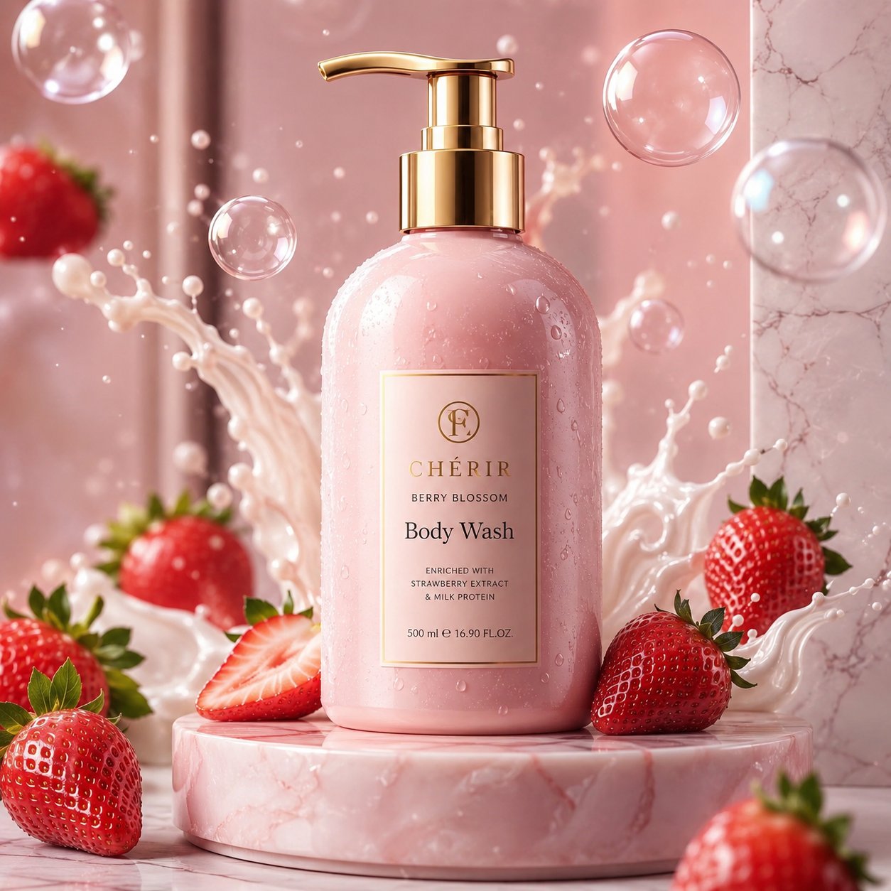 Ultra-realistic luxury product photography of a pastel pink body wash bottle