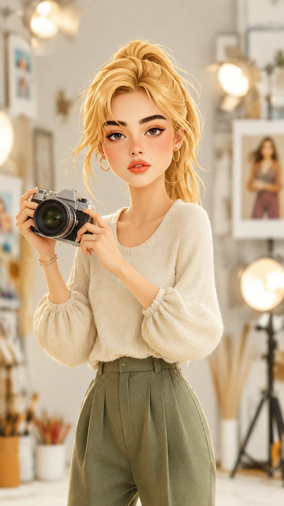 ️ Cute 3D cartoon girl photographer standing in a cozy photography studio,