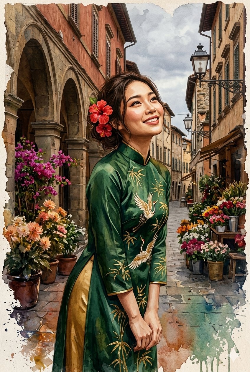 A vibrant watercolor painting of a beautiful, smiling young Asian woman