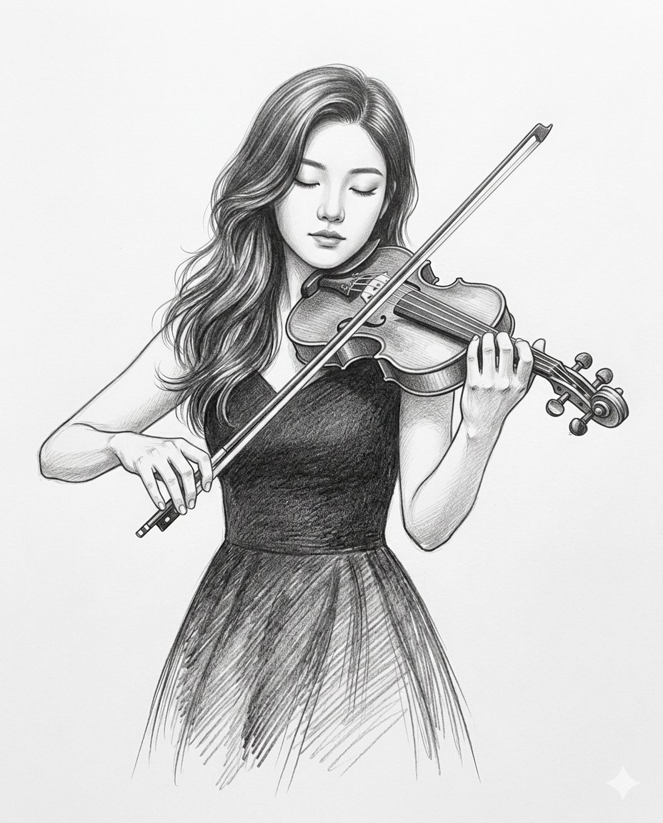 A high-skill graphite pencil drawing of a reference woman playing the violin,