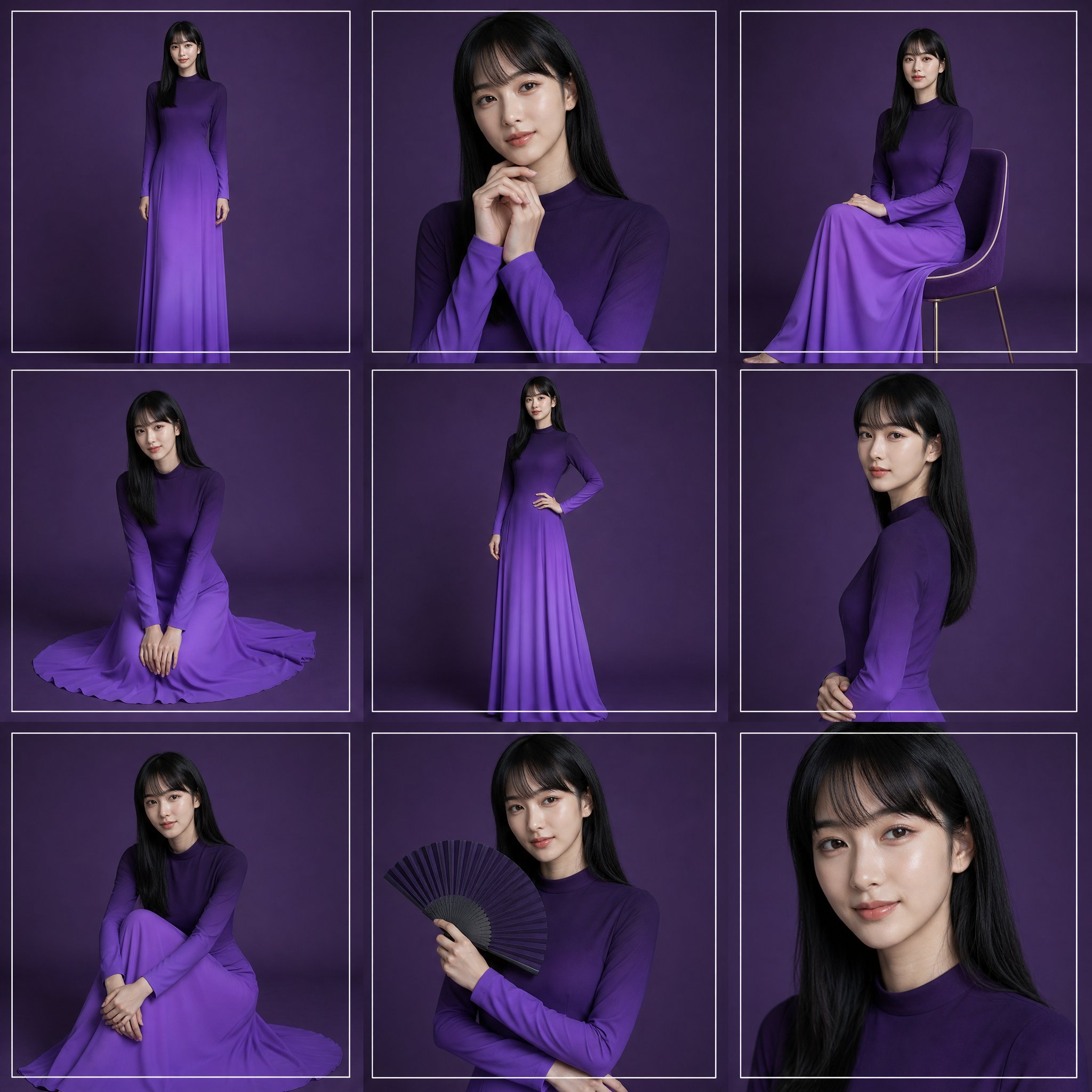 A high-fashion 3x3 grid layout, aspect ratio 1:1