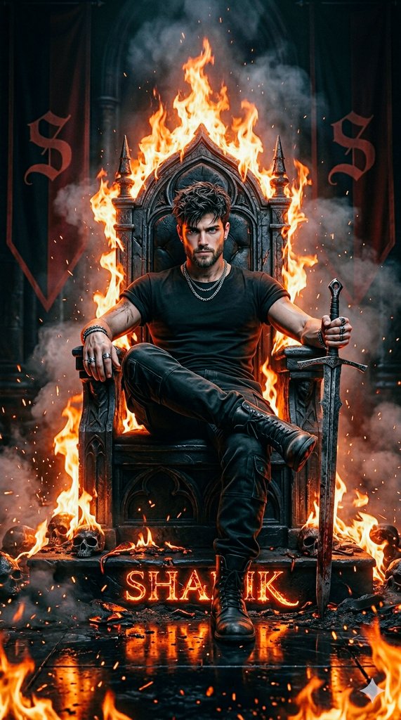A powerful cinematic portrait of a rugged young man sitting confidently on a