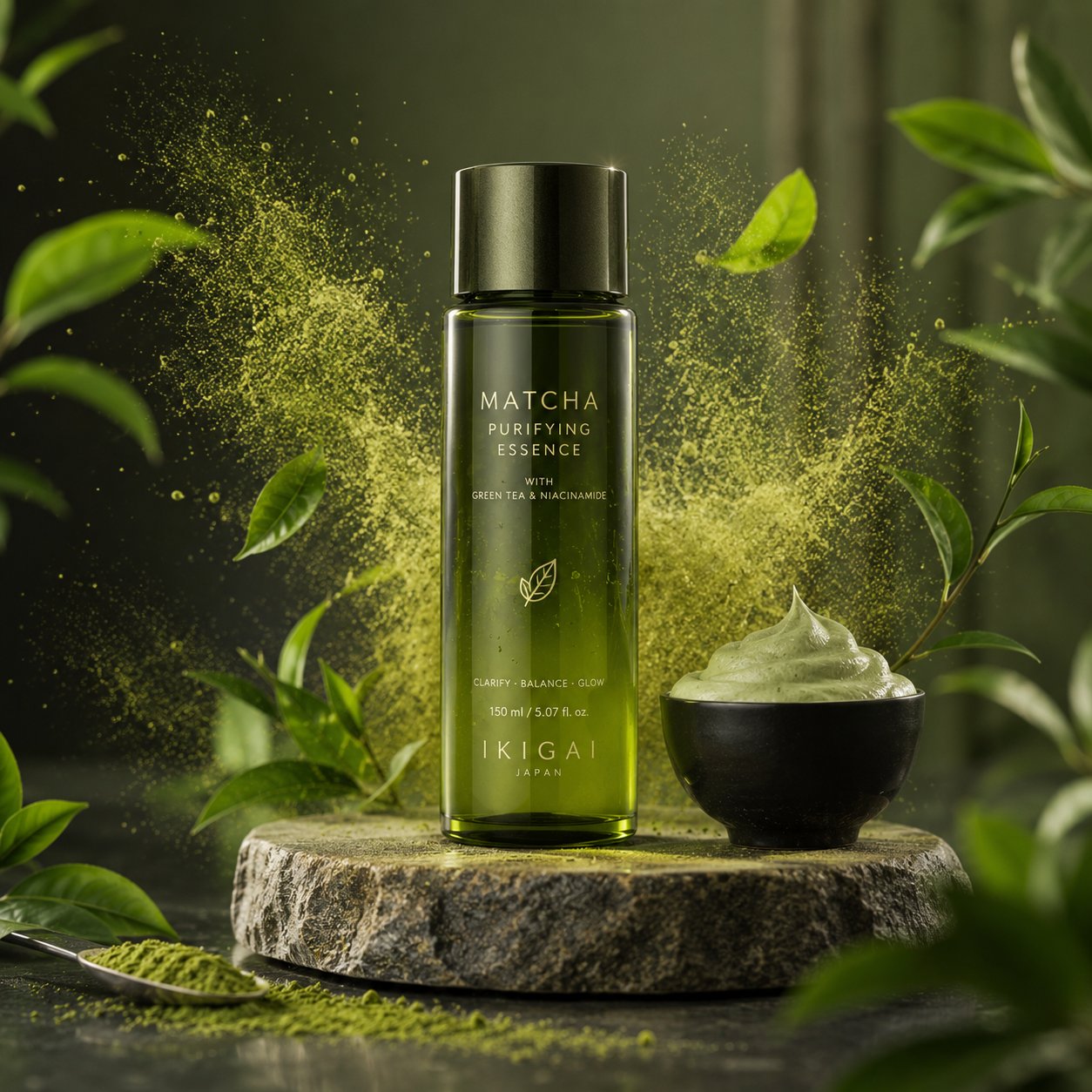 Premium green bottle placed on stone podium, surrounded by matcha powder