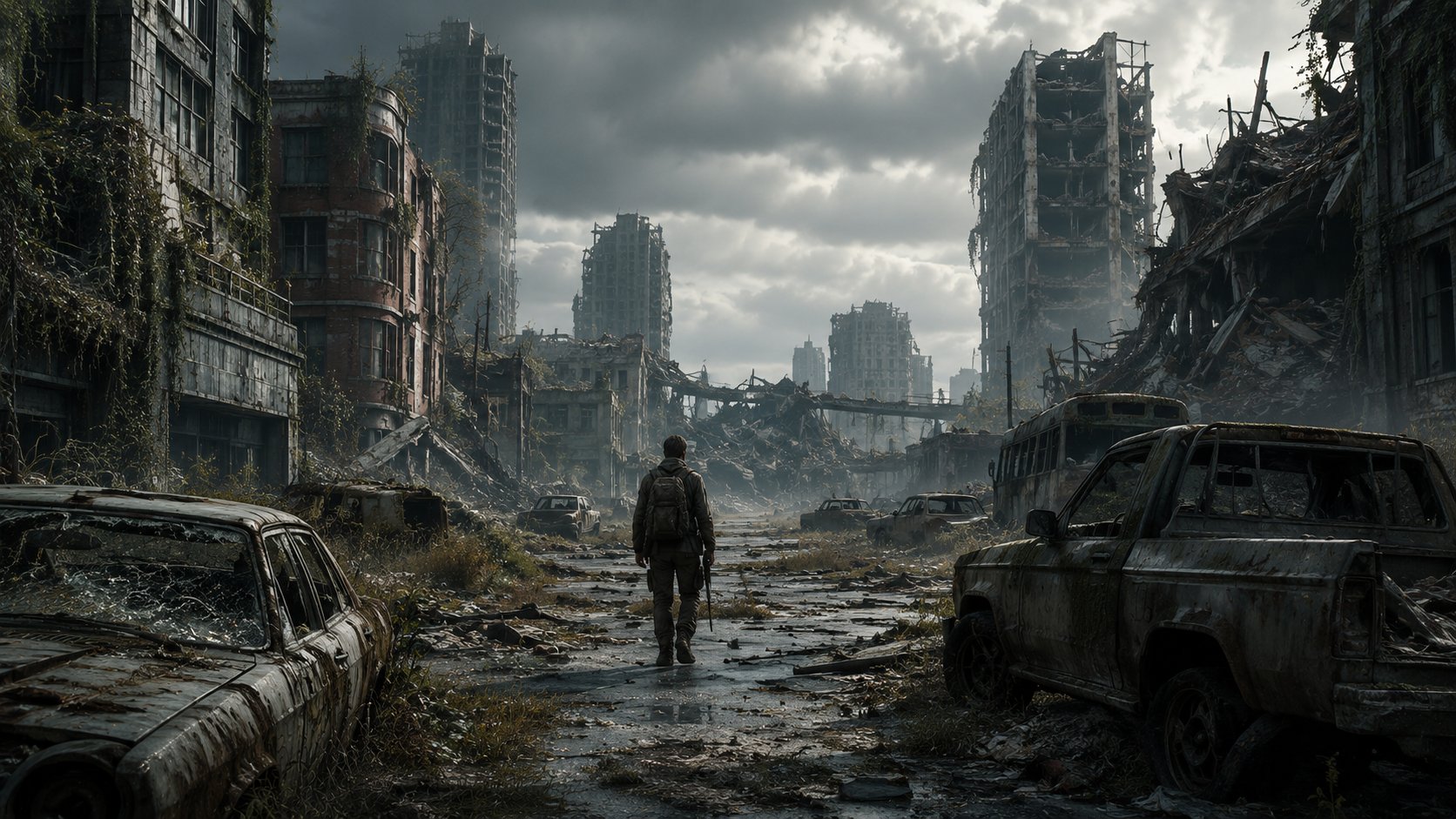 [subject] wandering through the ruins of a destroyed city, abandoned vehicles