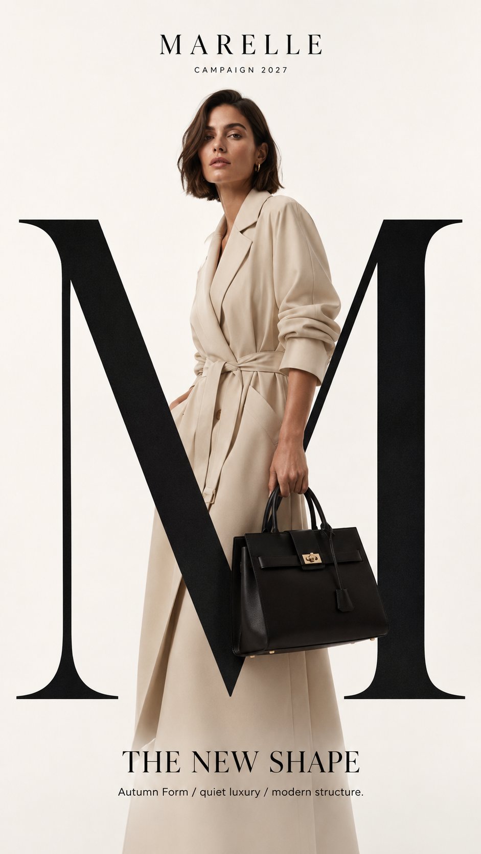 A high-end luxury fashion campaign mockup with strong typography, realistic