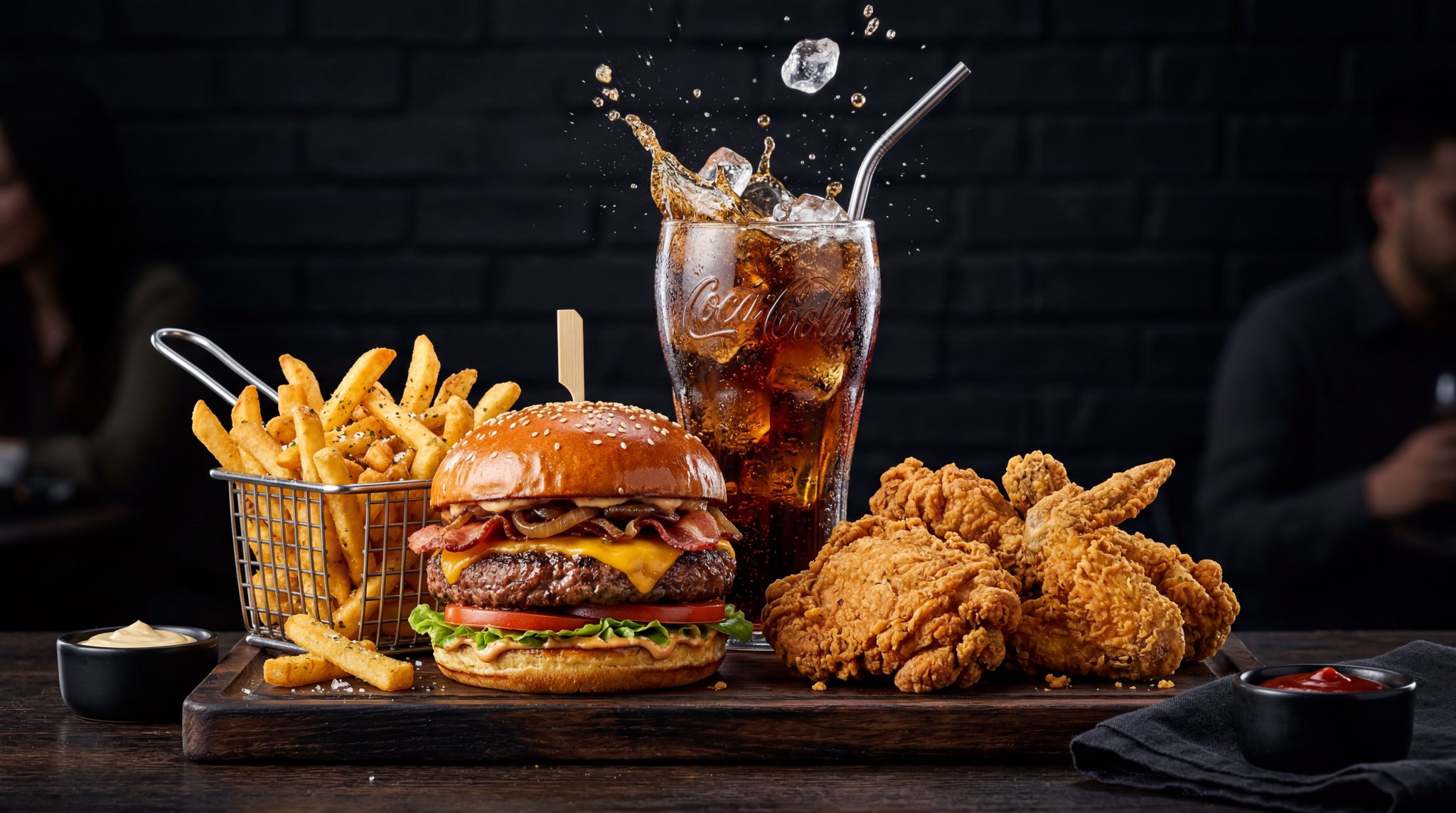 Ultimate fast-food combo featuring gourmet burger, crispy fries, fried
