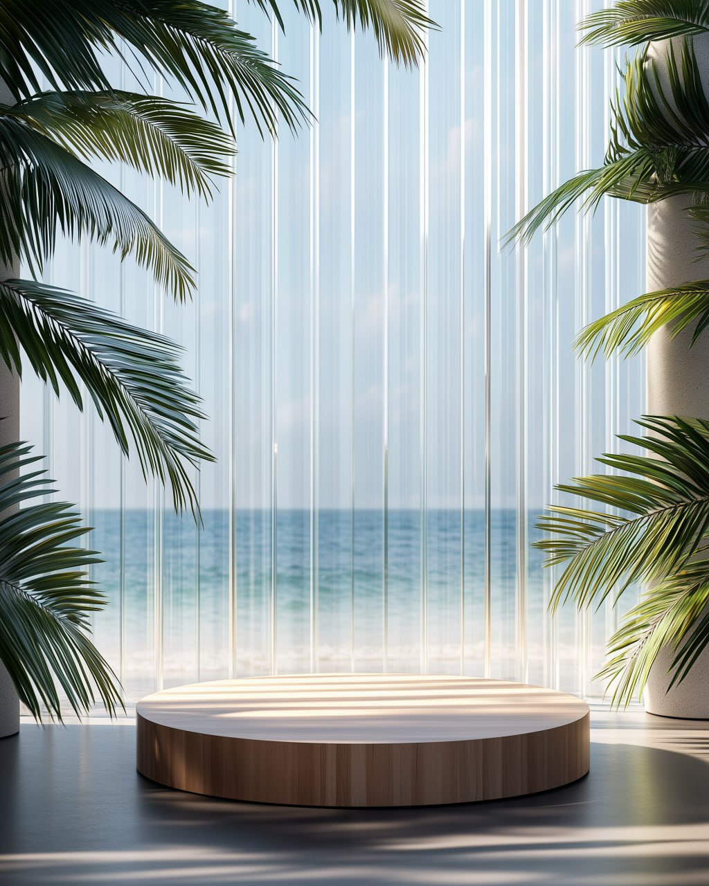 Round wooden podium product mockup with warm studio composition
