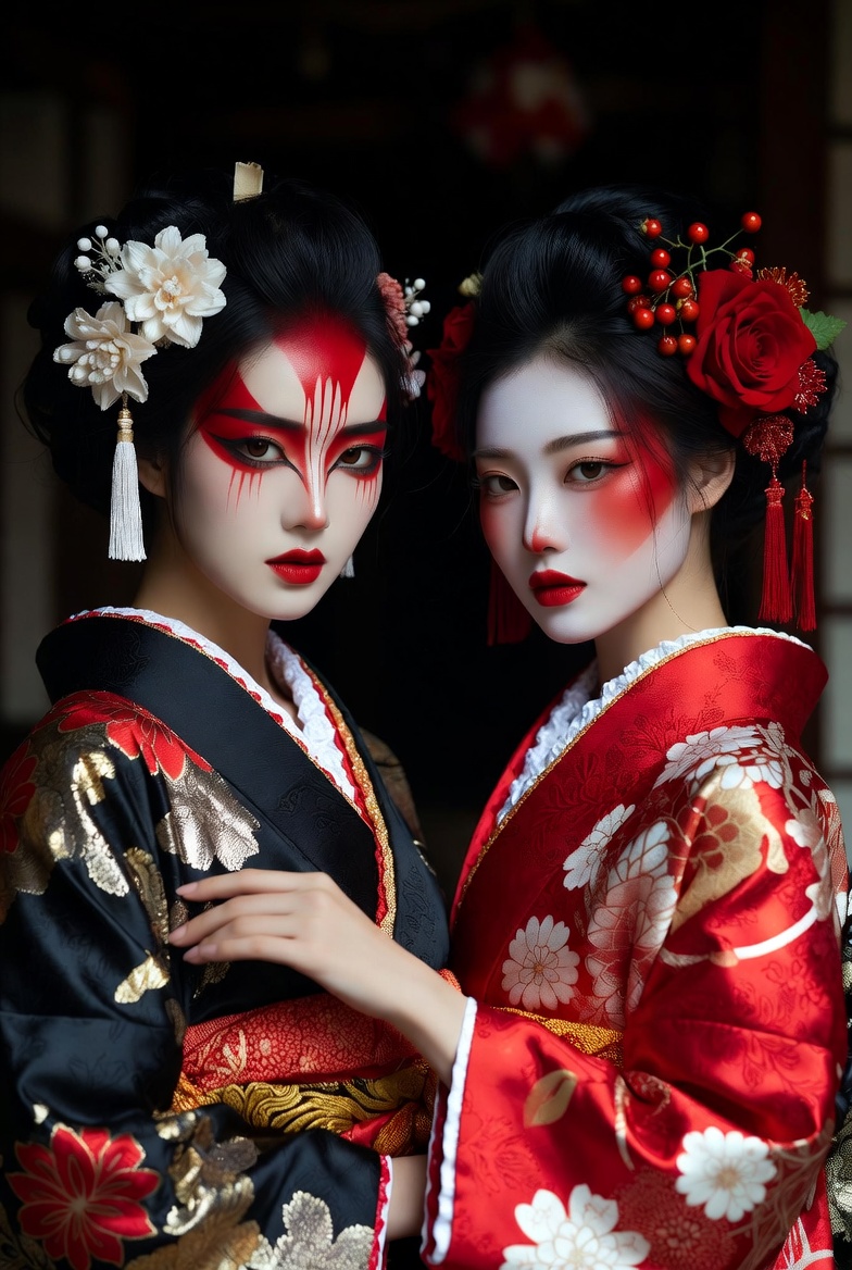 A traditional Japanese aesthetic scene featuring two elegantly dressed women