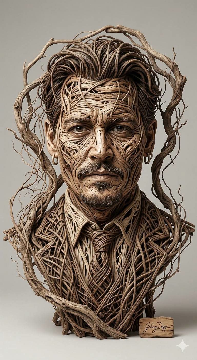 Organic sculptural portrait art made entirely from intertwined dried vines,