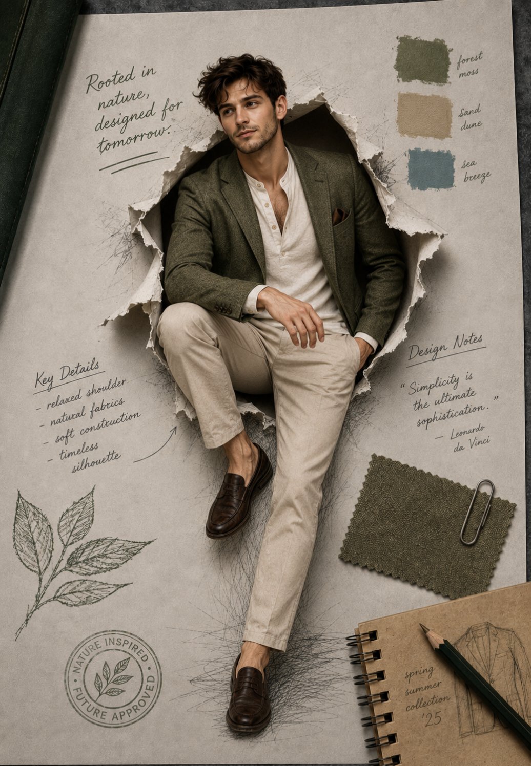 An editorial men's fashion mood board layout featuring a creative,