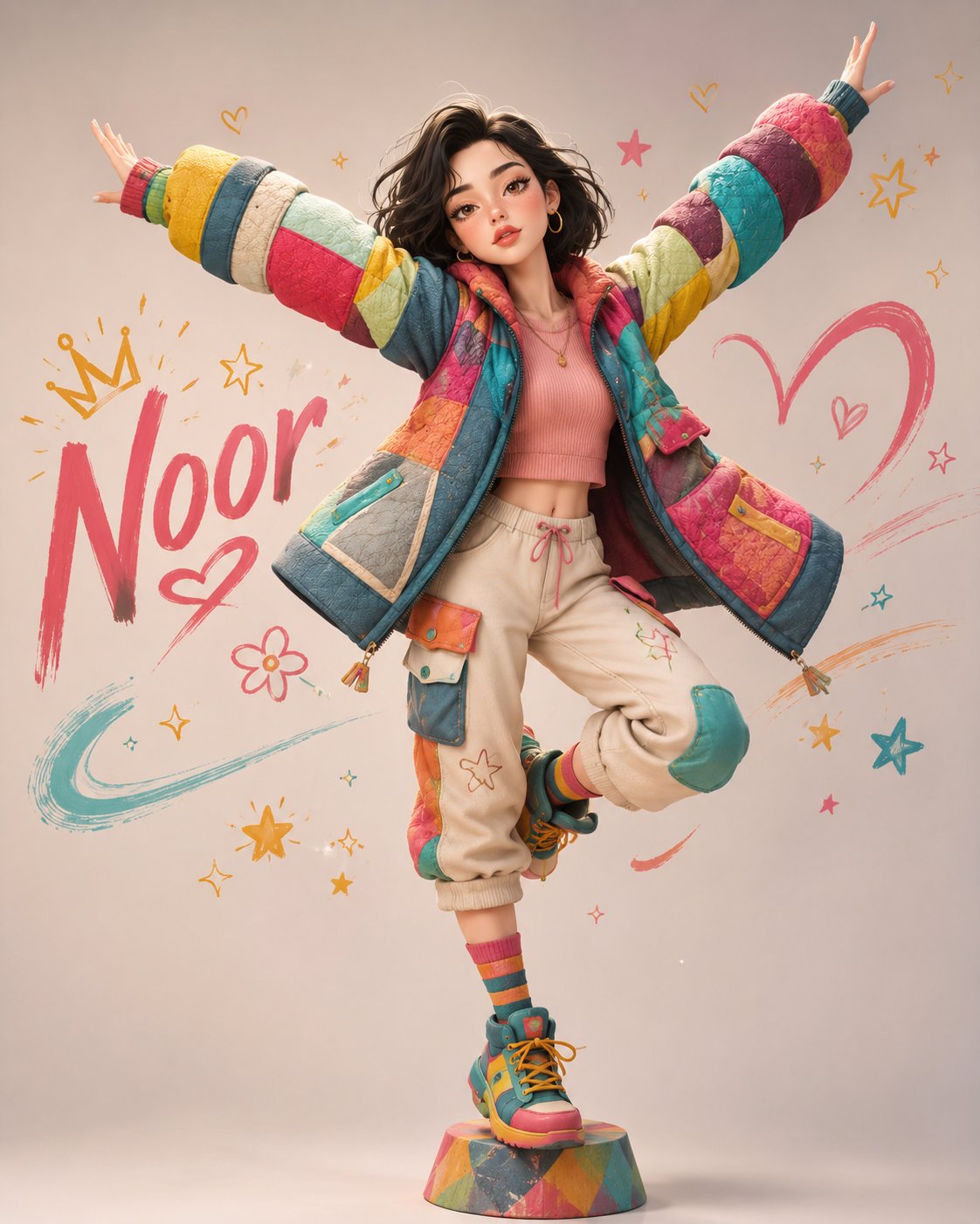A full-body 3D stylized cartoon girl inspired by modern Pixar and handcrafted