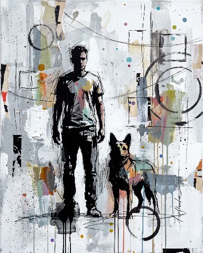 Contemporary mixed-media urban painting of [HUMAN], wearing [CLOTHING],