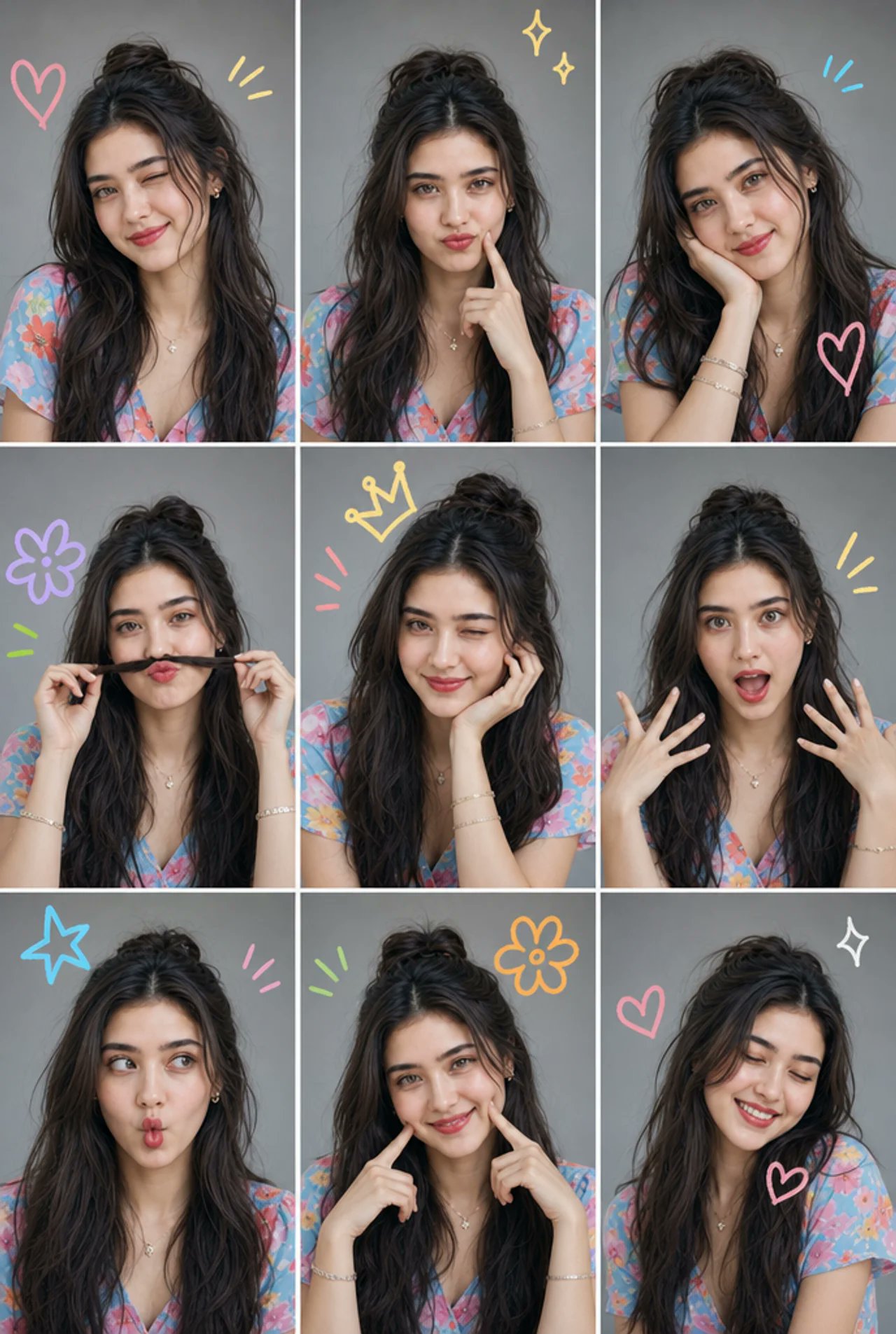 A nine-panel photo collage featuring the same person in each frame with