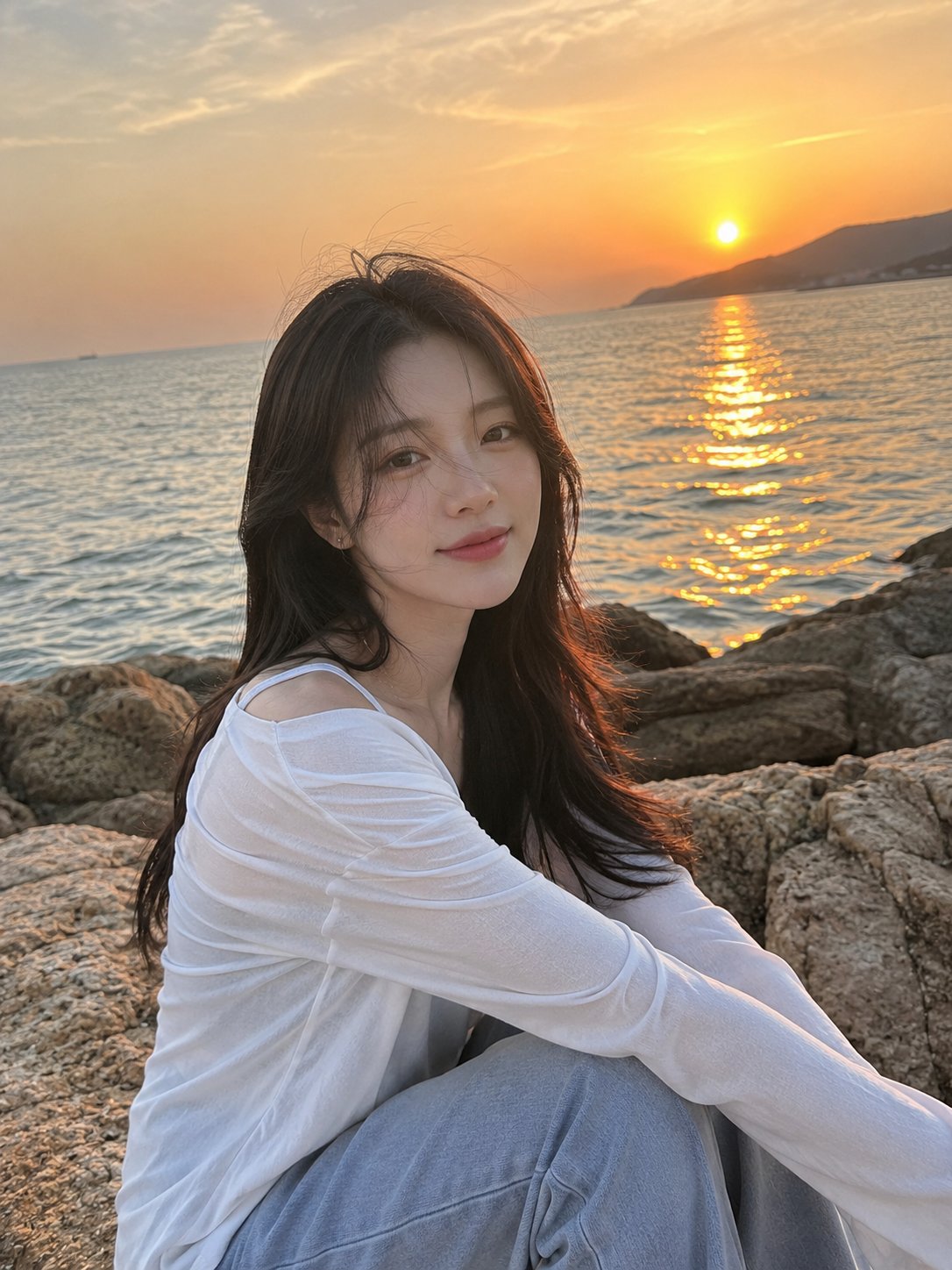Ultra-realistic iPhone photograph taken by the seaside during sunset