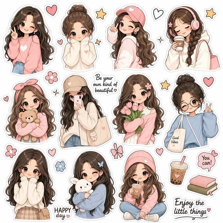 A high-quality kawaii sticker sheet collage featuring the same girl from the