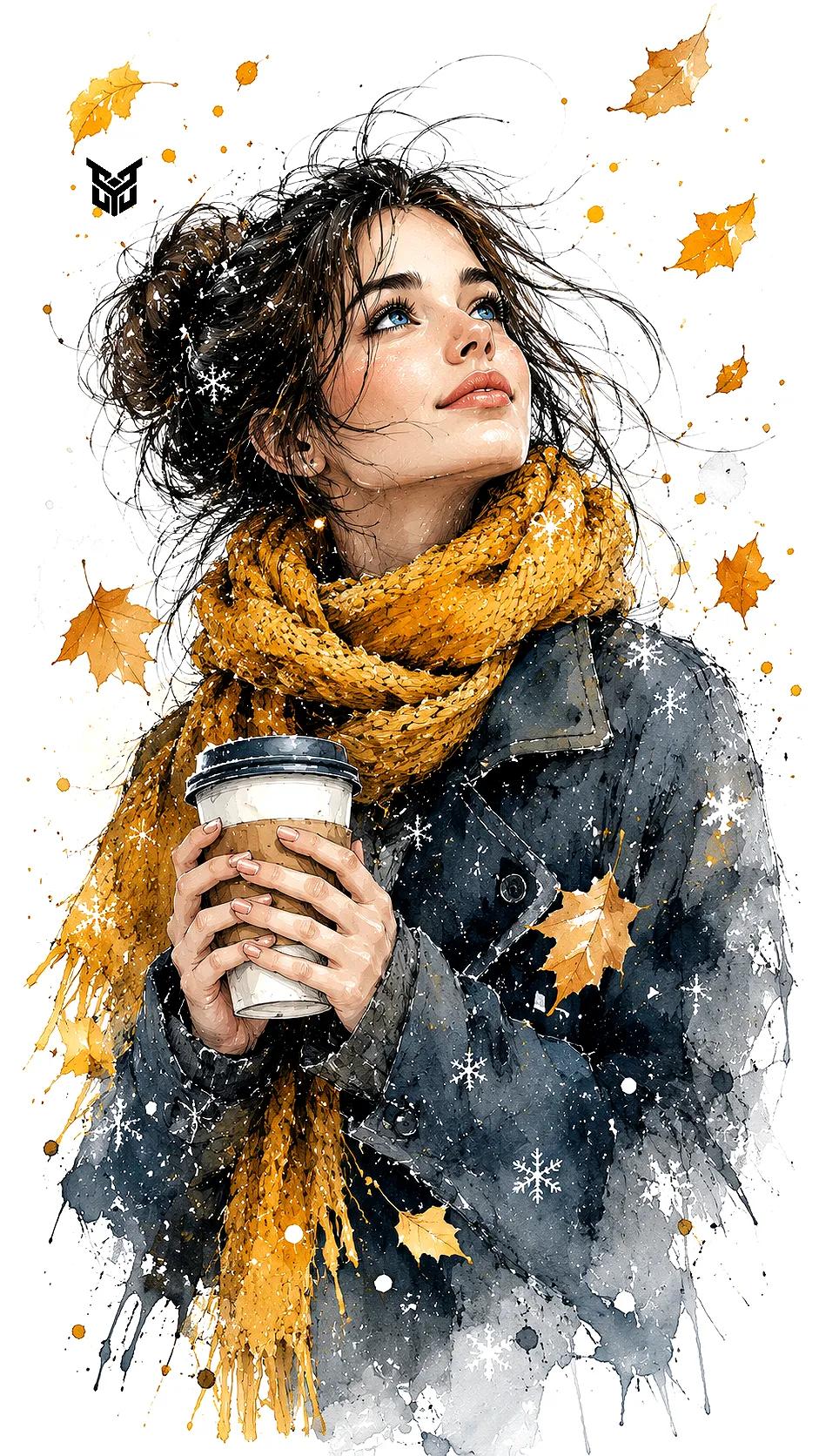 A beautiful watercolor and ink illustration of a young woman looking upward