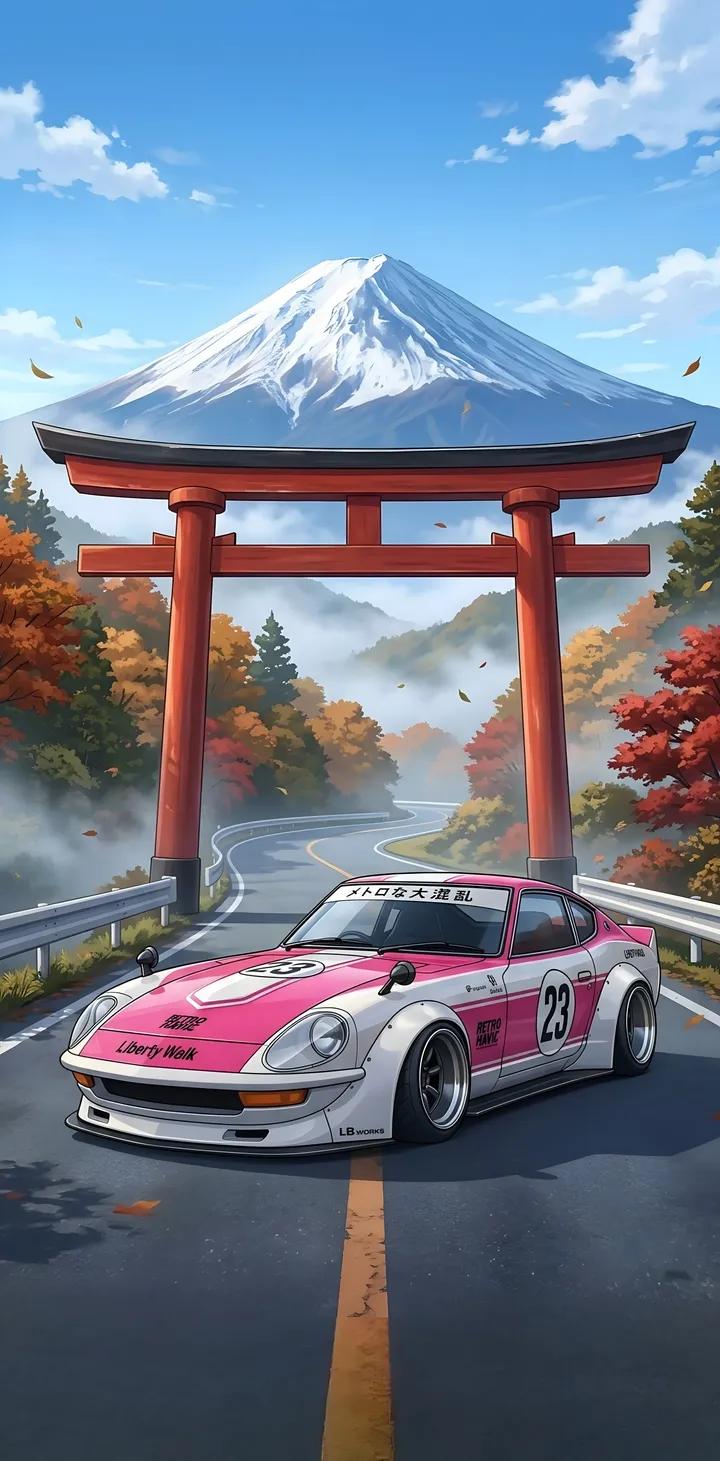 A highly detailed anime-style illustration depicting a car, as shown in the