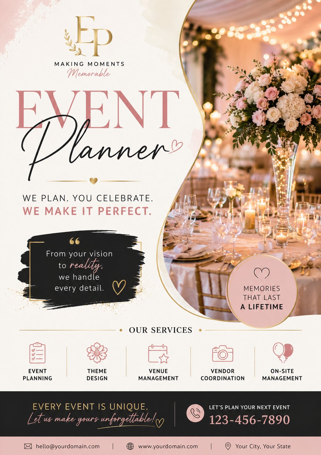 A high-resolution, print-ready A4/A3 portrait event planner advertisement