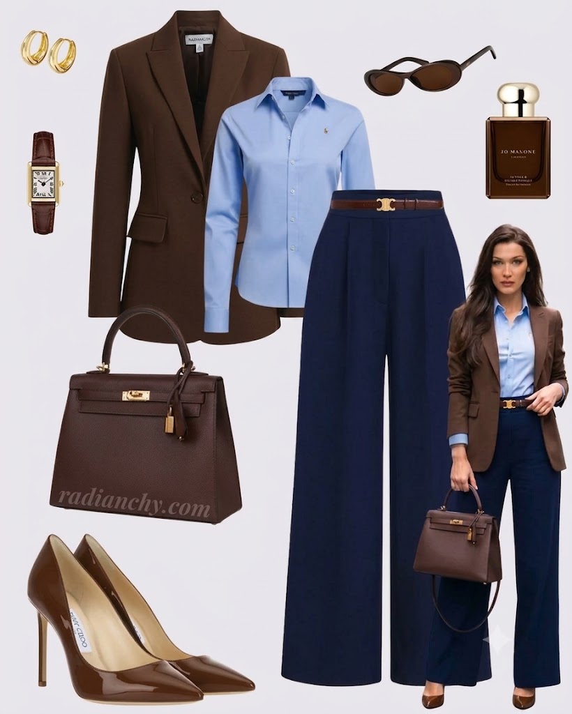 A luxury fashion mood board on a clean light-grey background featuring Bella