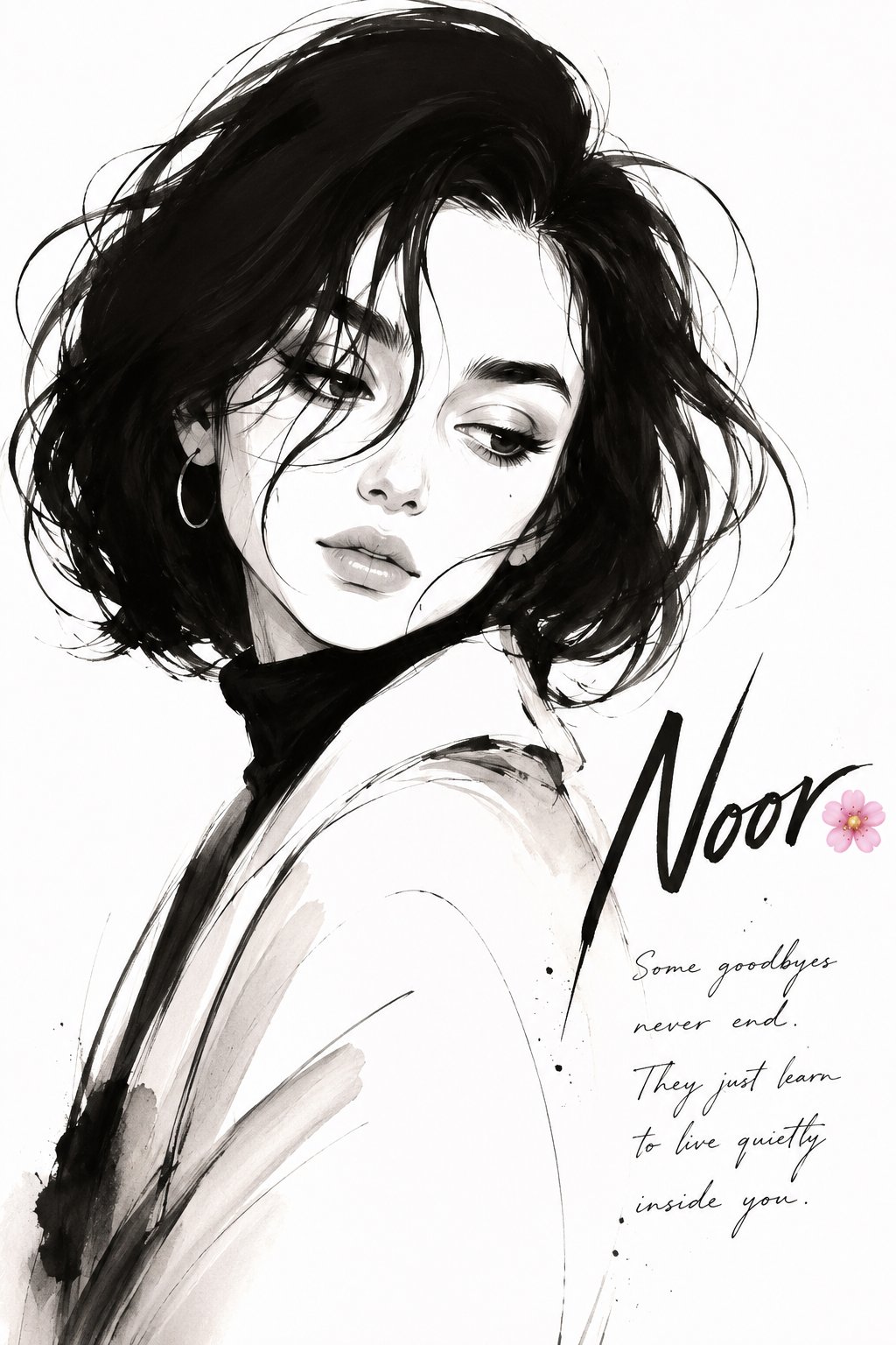 Transform the uploaded portrait into a luxury high-fashion monochrome ink