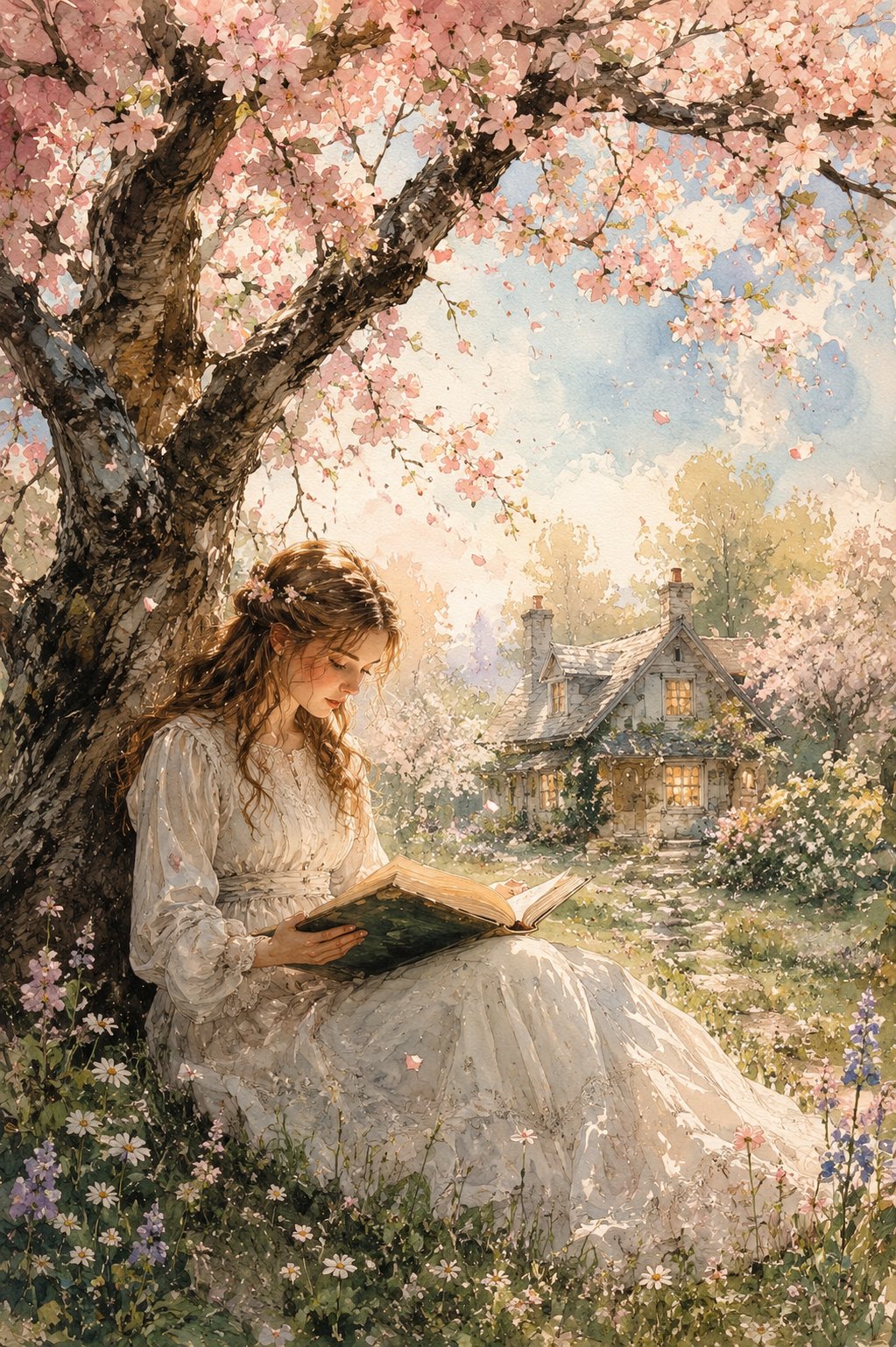Springtime reading under a blooming tree GPT image 2 on ChatGpt A vertical,