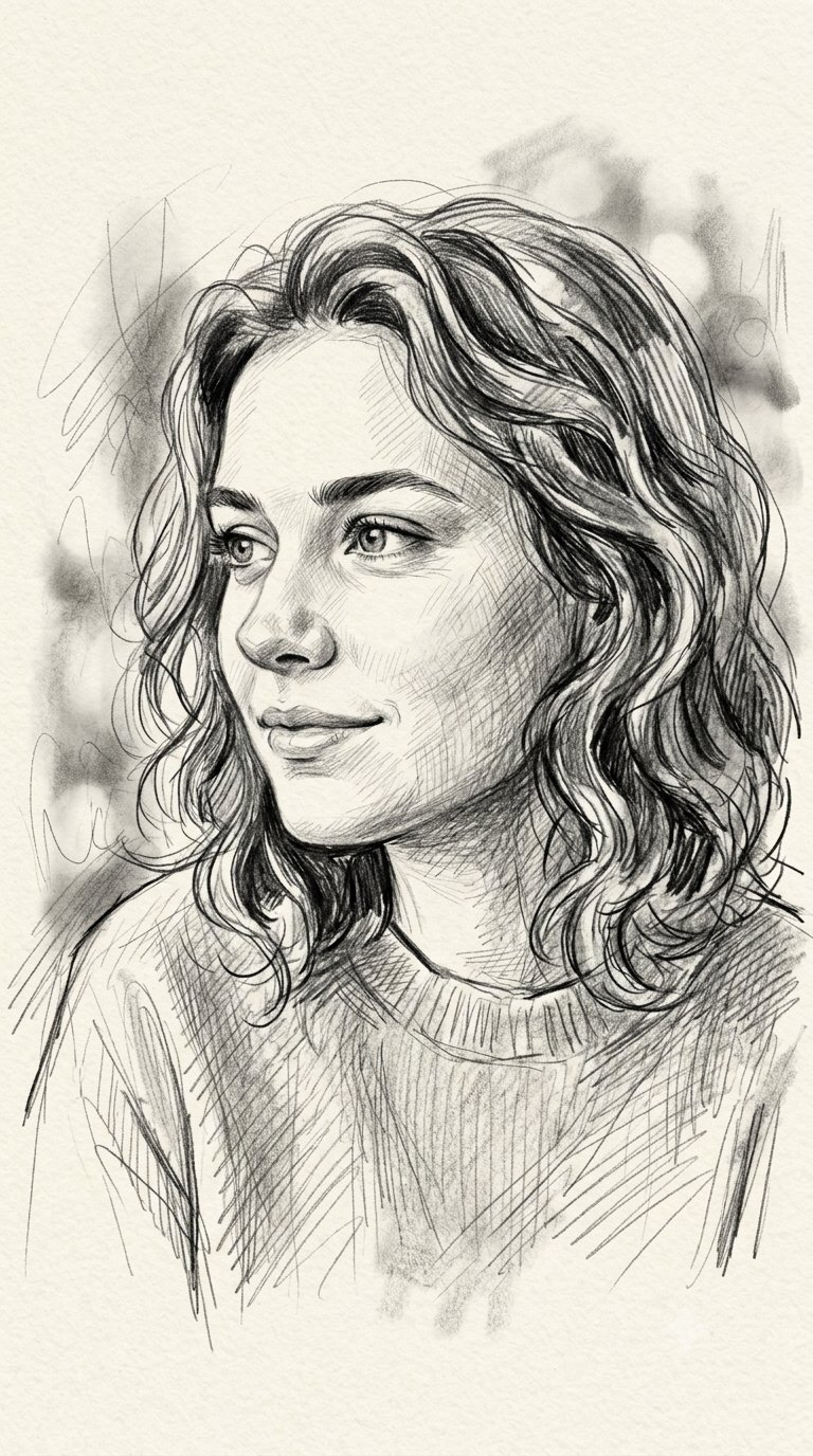 A detailed pencil sketch portrait of a young woman with a gentle, thoughtful