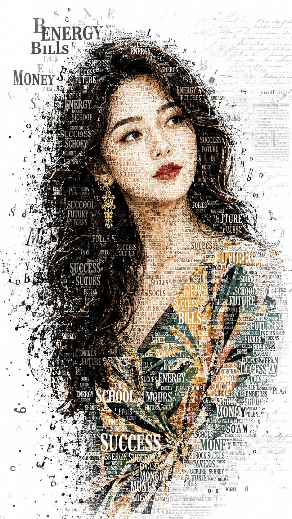A striking typographic portrait of a young woman with a thoughtful,