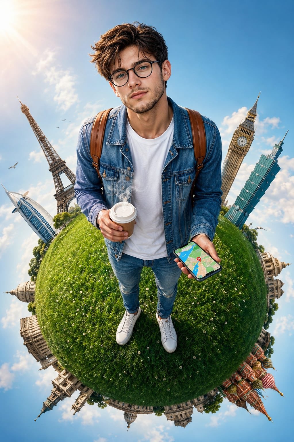 Ultra-realistic cinematic travel-themed portrait of a cheerful young man
