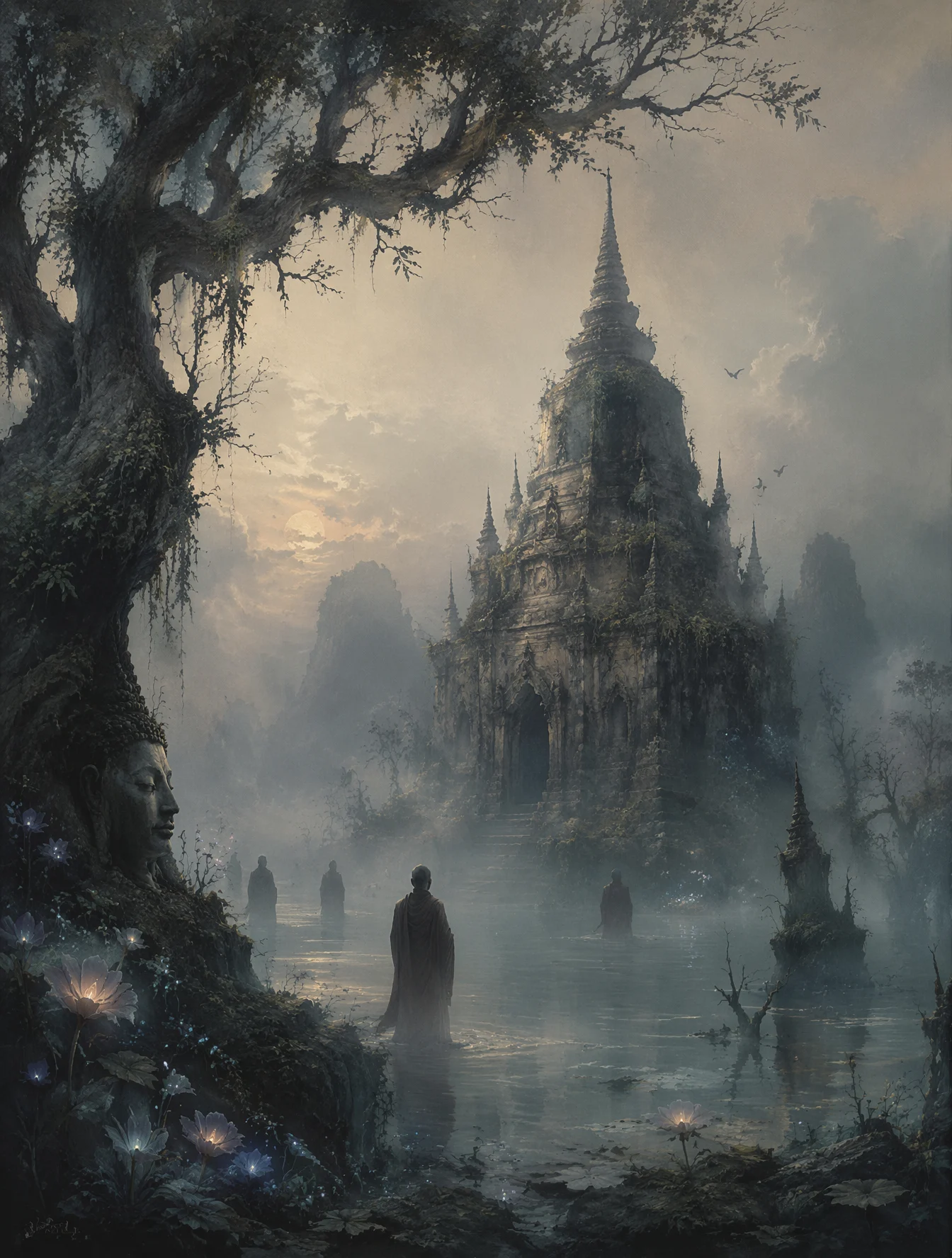 A solitary, ancient temple partially submerged in a misty...