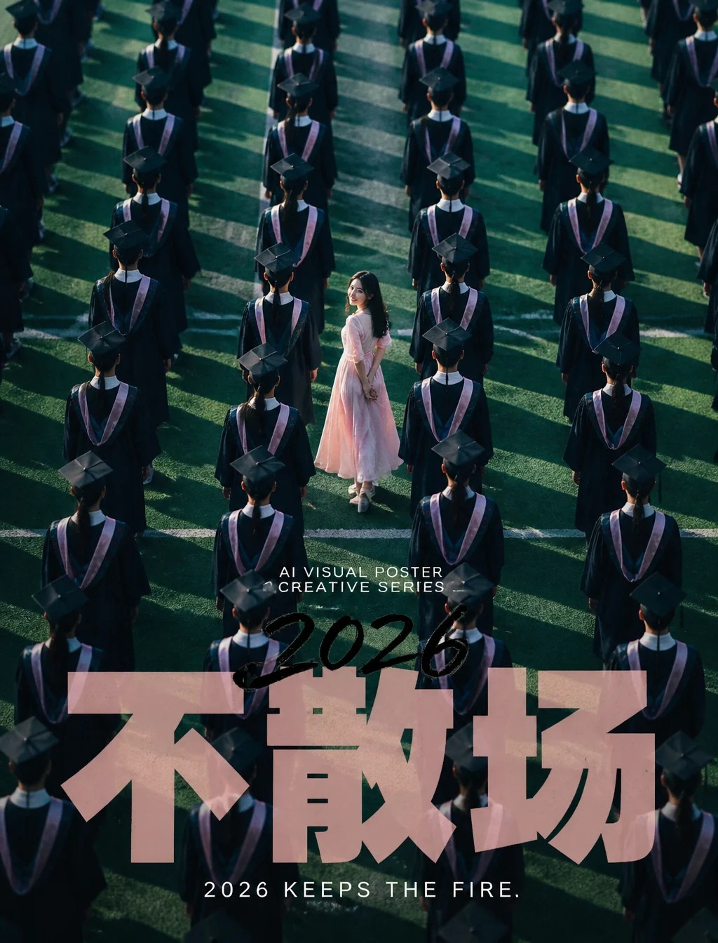 生成一张竖版 3:4 的成品概念海报。画面采用高角度俯视构图,主体是大量重复出现的穿藏青色学士服的毕业生,他们整齐...