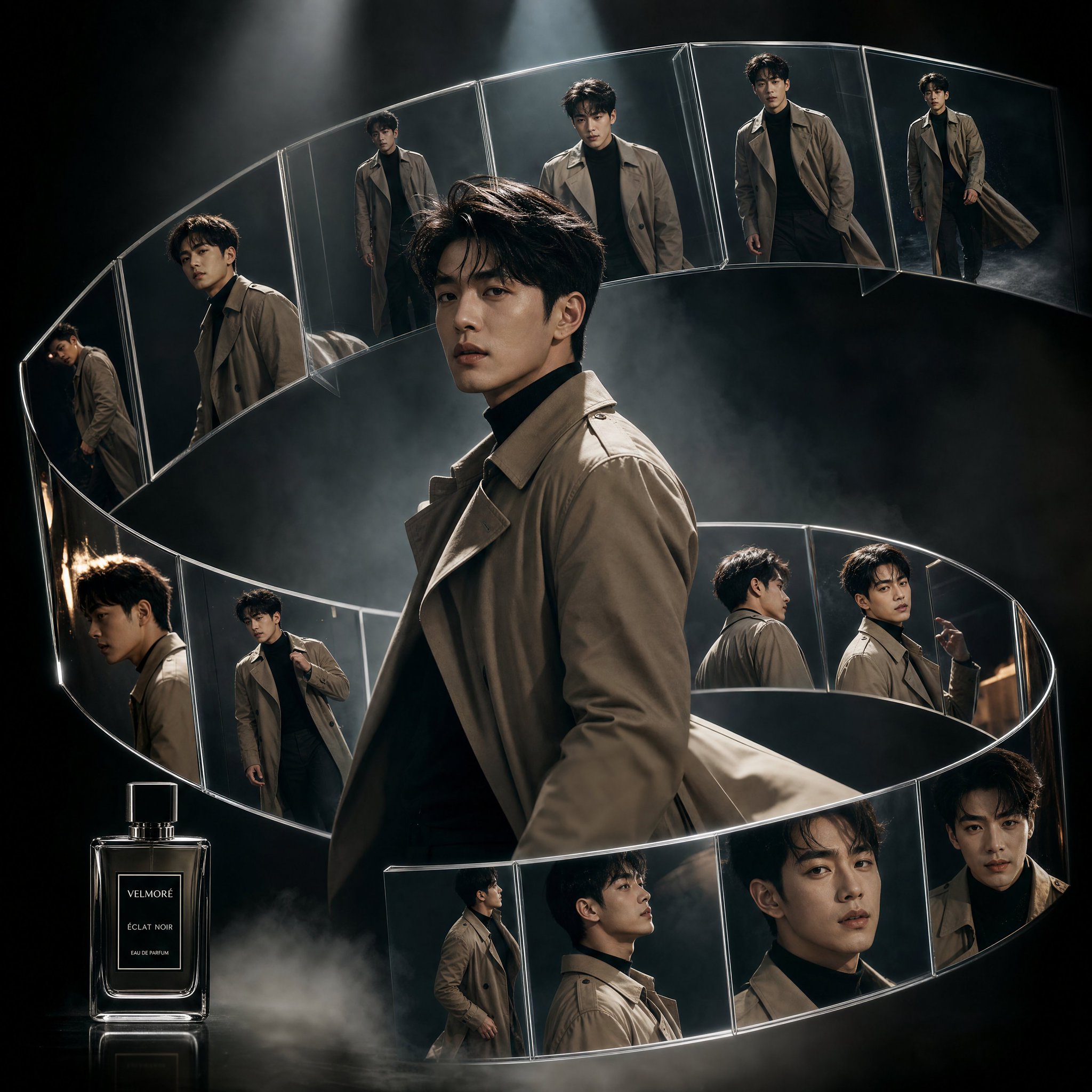 Aspect ratio 1:1, ultra-modern fashion editorial inspired by frozen time